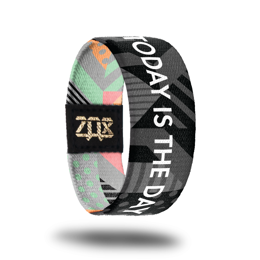 Inside design for Today Is The Day. Mixed geometric pattern with stripes and dots in black and grey. Centered is Today Is The Day in white text.