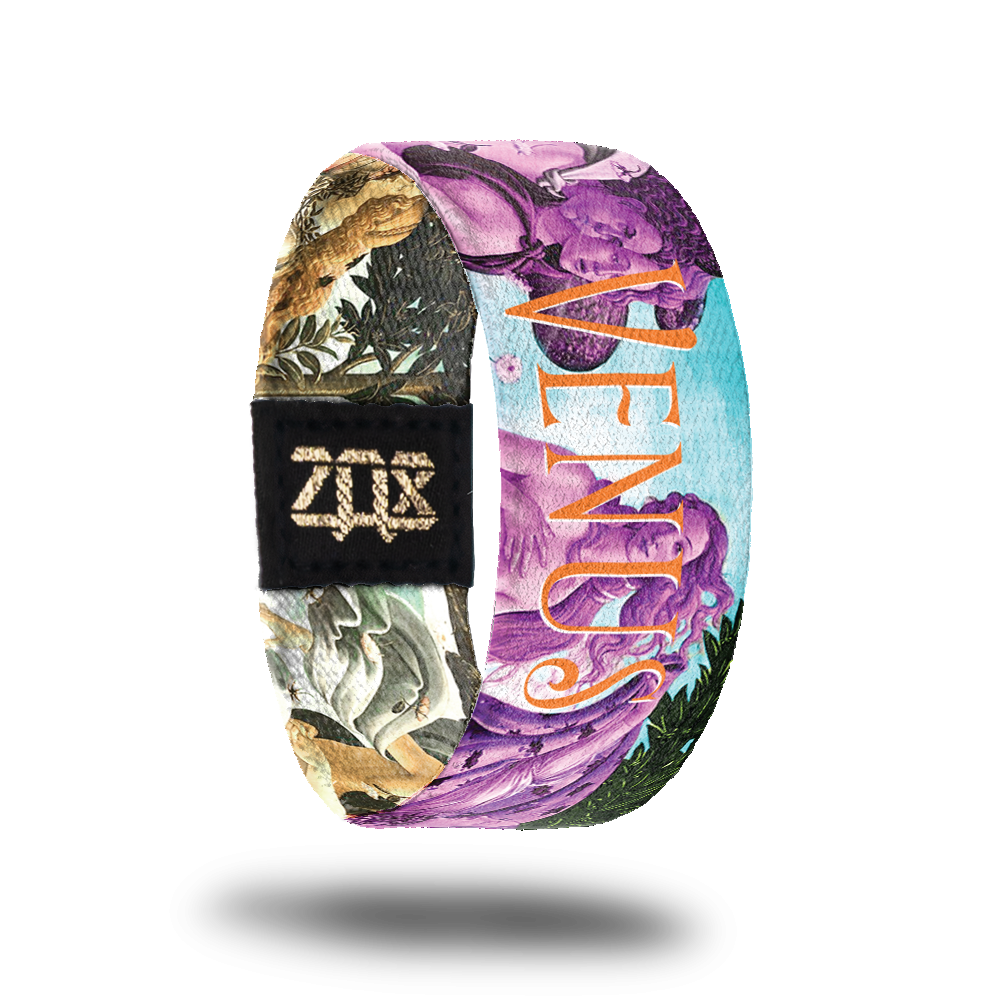 Outside image for Venus. Part of The Birth of Venus by Italian artist Sandro Botticelli with a purple layer over the design. Centered is Venus in orange text 