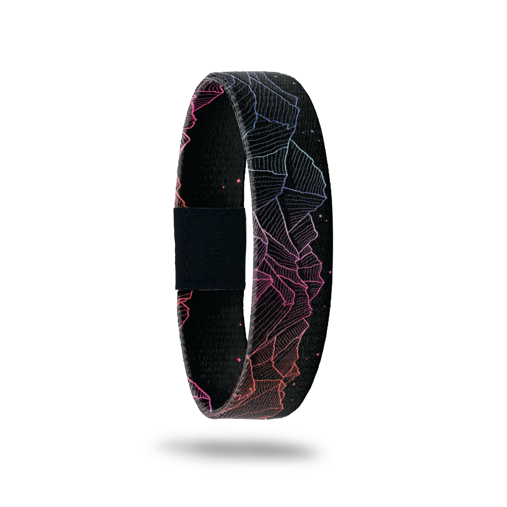 Product photo of the outside of ...yet: black design with neon mountains