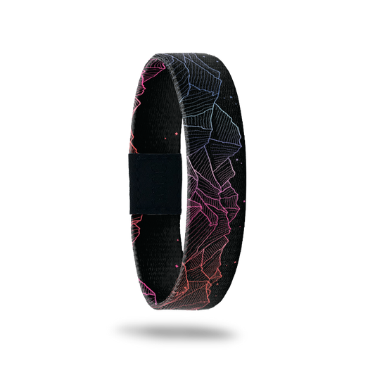 Product photo of the outside of ...yet: black design with neon mountains